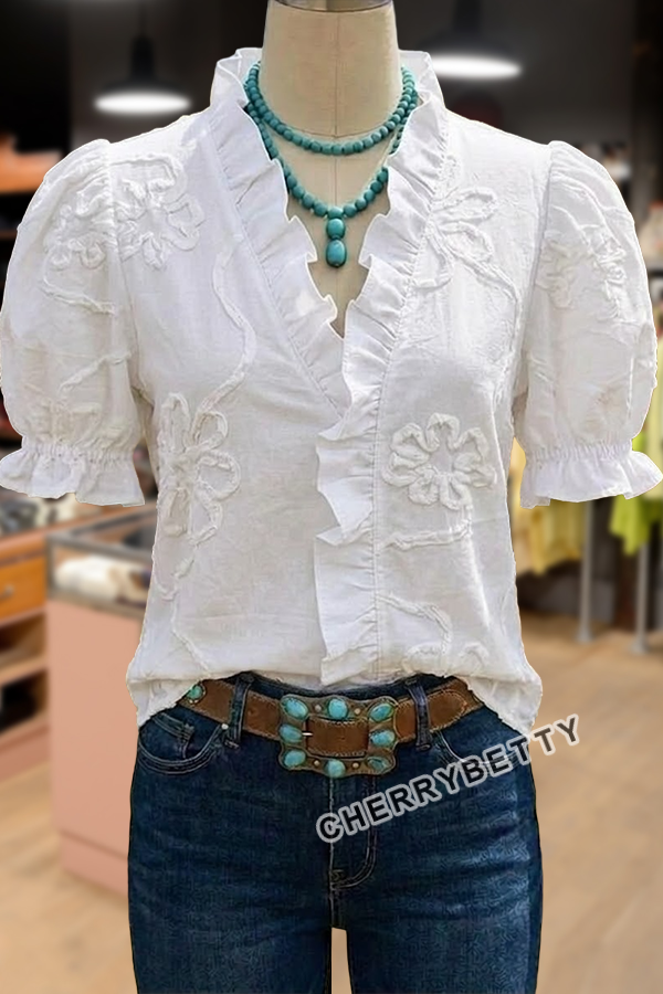 Flower Embroidered Ruffle Neck Puff Sleeve Cotton Top