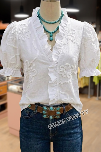 Flower Embroidered Ruffle Neck Puff Sleeve Cotton Top