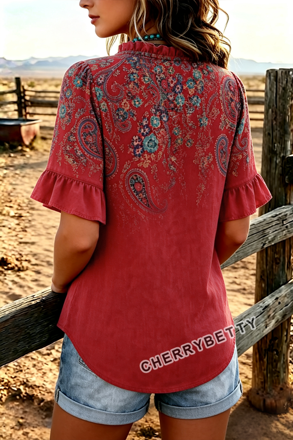 Gradient Paisley Print V-Neck Ruffle Sleeve Blouse