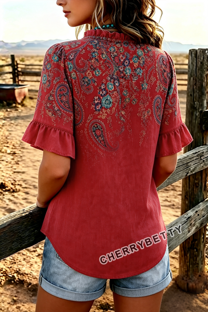 Gradient Paisley Print V-Neck Ruffle Sleeve Blouse