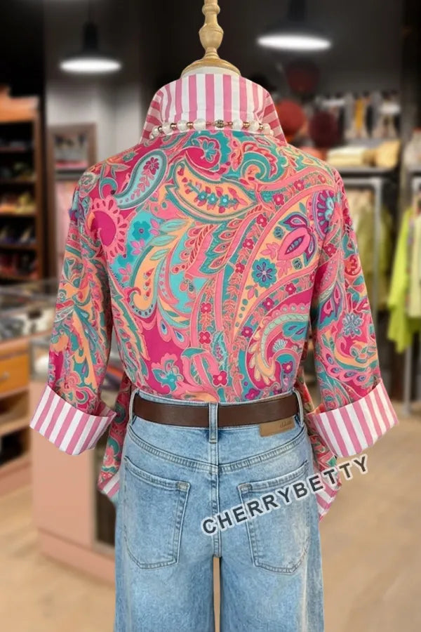 Retro Paisley Print Striped Collar Three Quater Sleeve Blouse