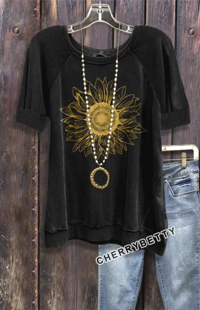 Sunflower Print Round Neck Short Sleeve Top