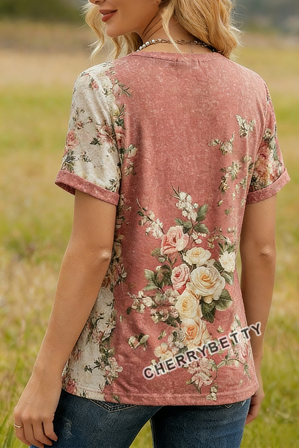 Vintage Floral Print Lace Patch T-Shirt