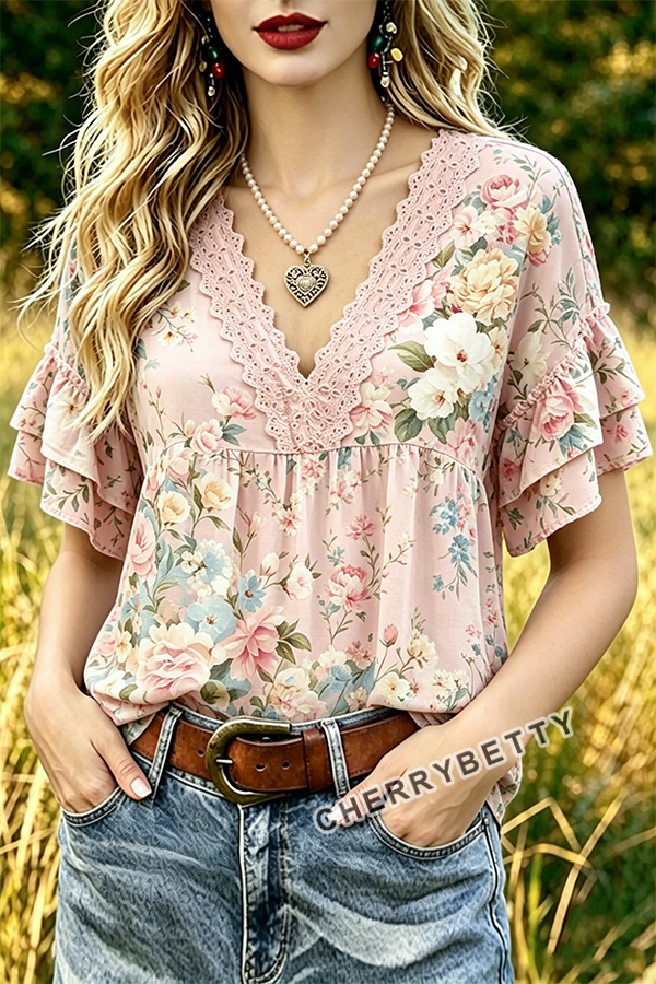 Spring Floral Print Eyelet V-Neck Ruffle Sleeve Top