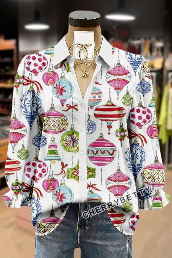 Christmas Ornaments Print  Print Collared Puff Sleeve Top
