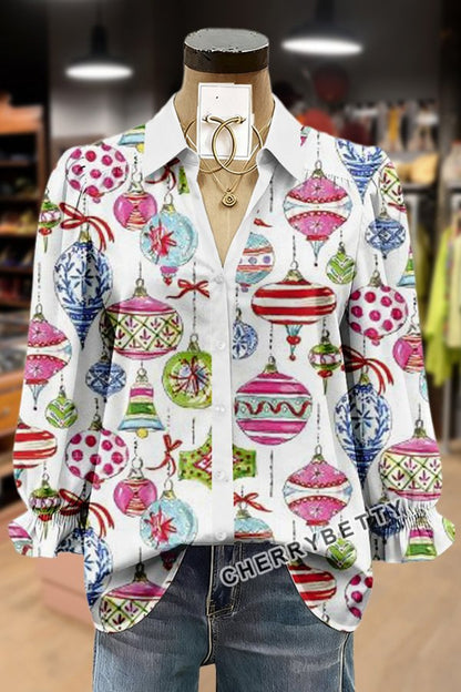 Christmas Ornaments Print  Print Collared Puff Sleeve Top