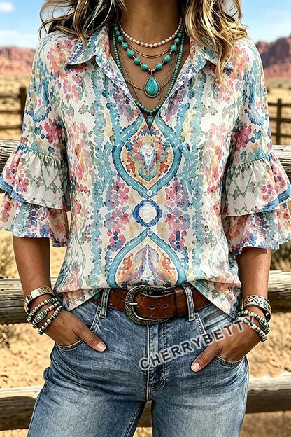 Colorful Floral Print Collared Ruffle Sleeve Top