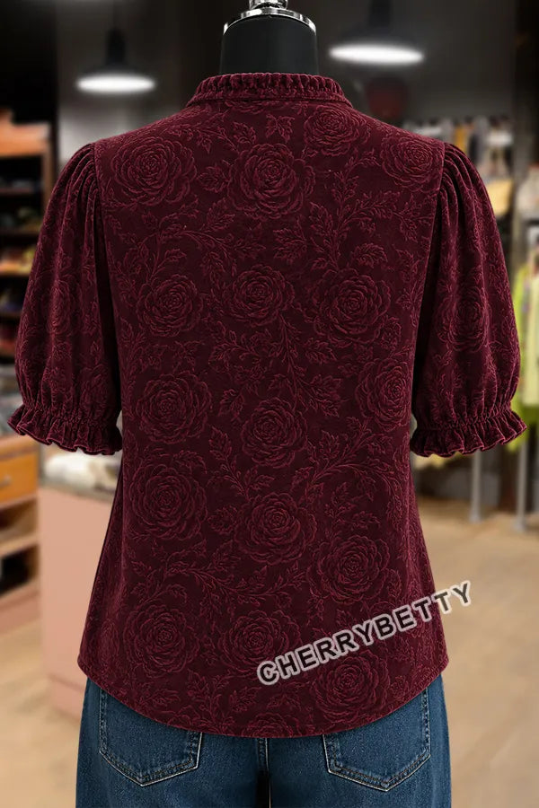 Vintage Rose Jacquard V-Neck Puff Sleeve Velvet Blouse