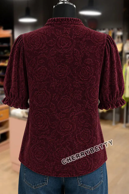Vintage Rose Jacquard V-Neck Puff Sleeve Velvet Blouse