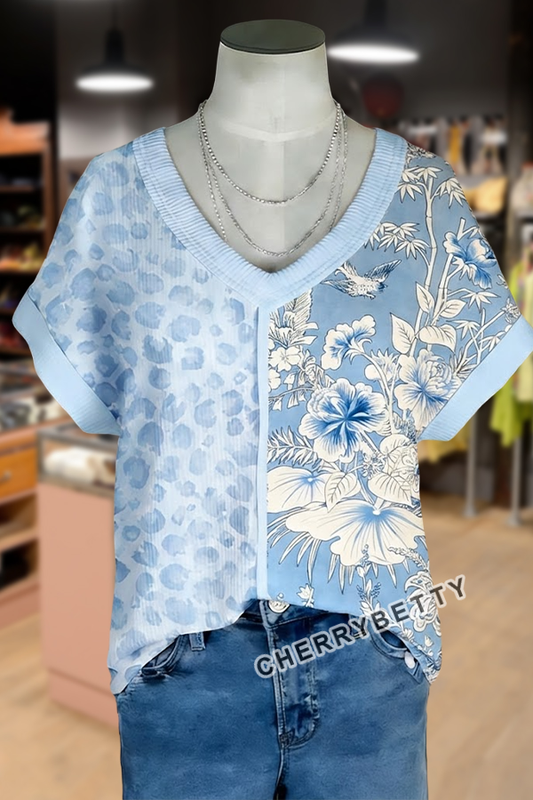Vintage Leopard Floral Print V-Neck Ribbed T-Shirt