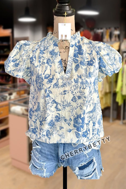 Floral Print Ruffle V-Neck Puff Sleeve Top