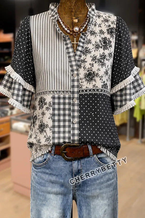 Mixed Floral Gingham Polka Dot  Print Ruffle Neck Frayed Hem Top