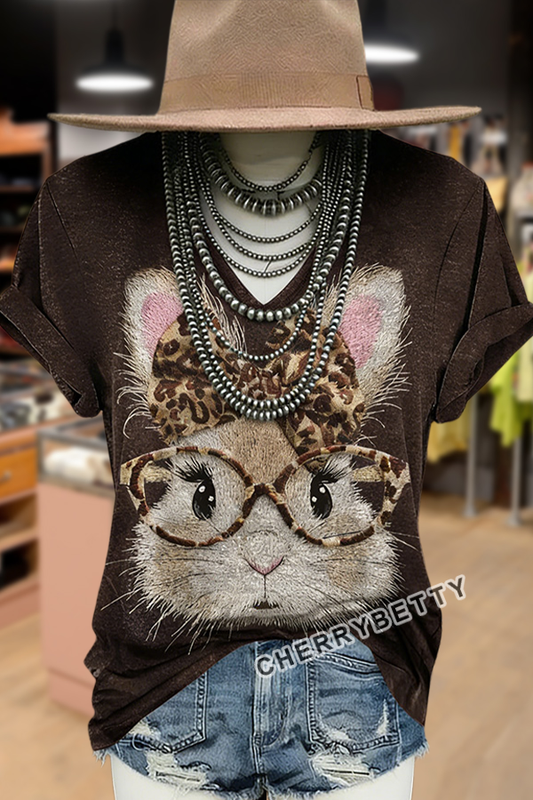 Easter Bunny Print V-Neck Cotton T-Shirt
