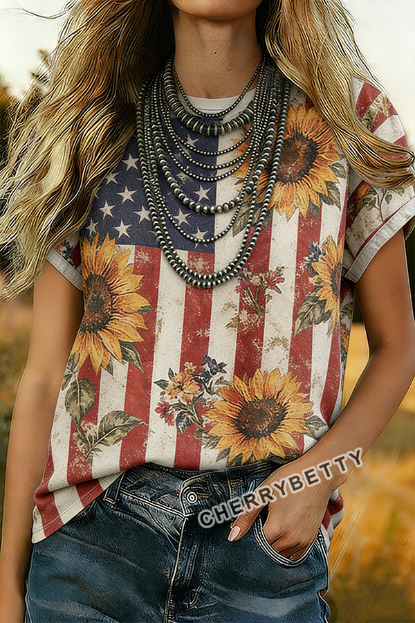 Retro Sunflower Flag Print T-Shirt