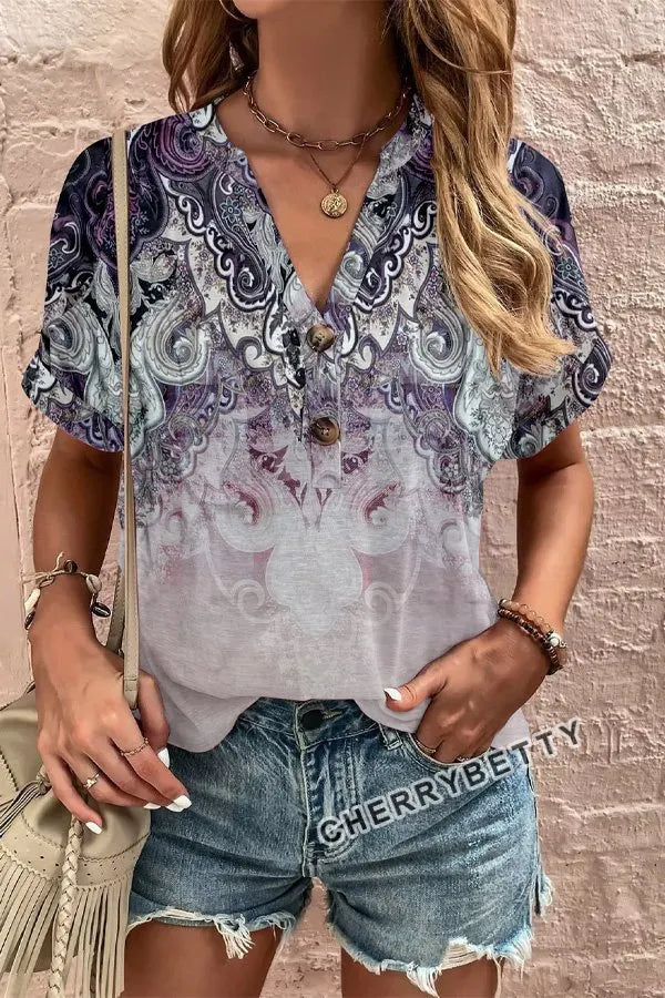 Floral Print Button Detailed V-Neck Top