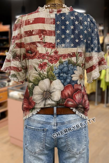 Mixed American Flag Floral Print Frayed Hem Top