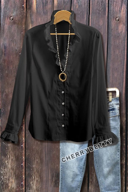 Elegant Stand Ruffle Collar Long Sleeve Shirt