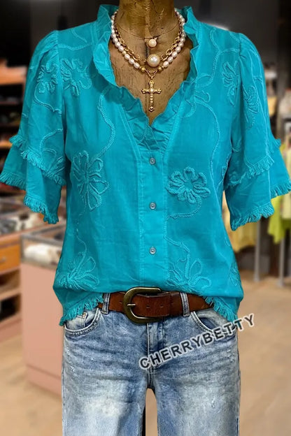 Vintage Flower Embroidered Ruffle Neck Frayed Hem Top
