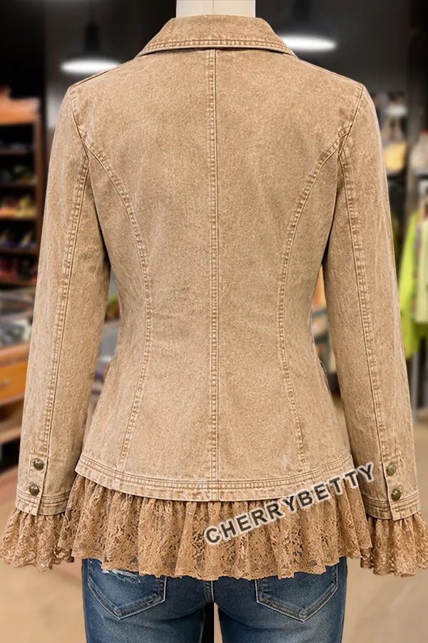 Solid Collar Long Sleeve Lace Ruffle Hem Jacket