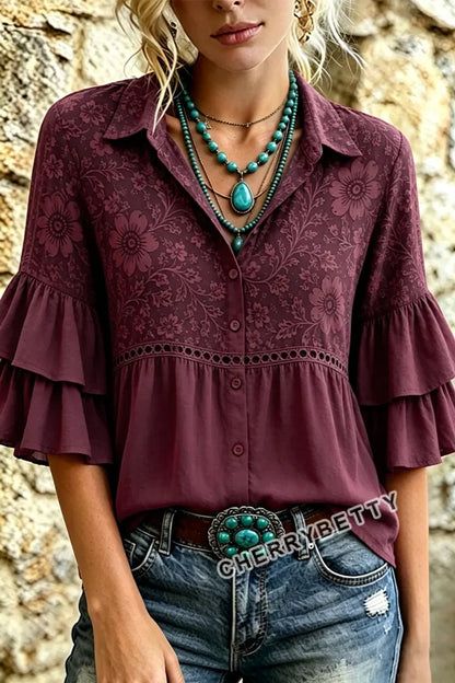 Gradient Floral Print Layered Ruffle Sleeve Hollow Out Blouse