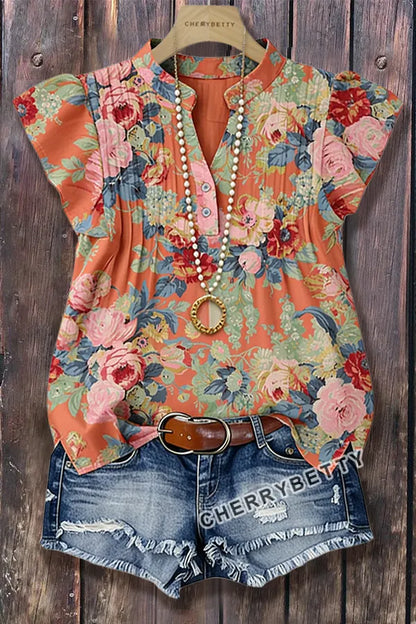Retro Floral Print Flutter Sleeve Top