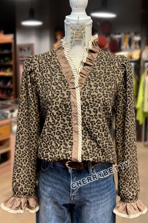 Leopard Print Ruffle Neck Long Sleeve Top