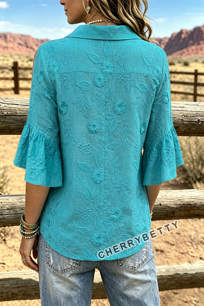 Vintage Flower Embroidered Ruffle Sleeve Cotton Top