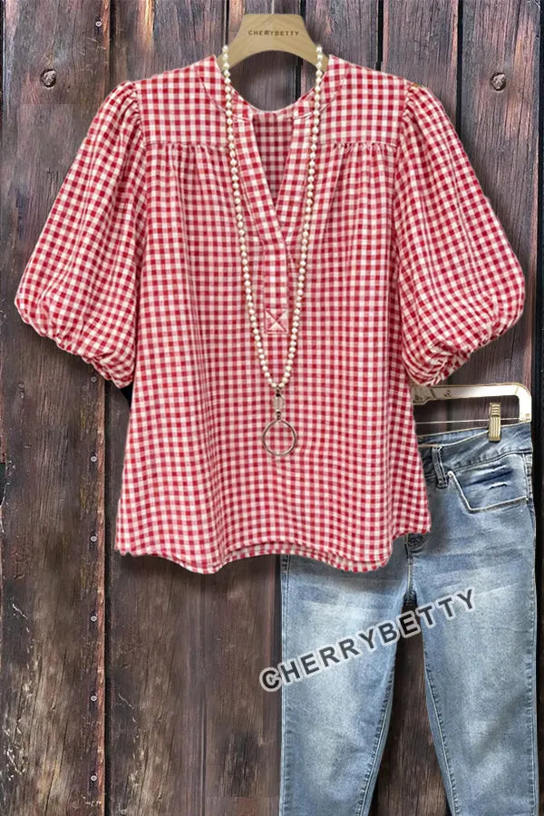 Classic Gingham V-Neck Bubble Sleeve Cotton Top