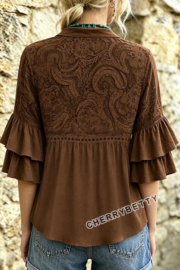 Gradient Paisley Print Layered Ruffle Sleeve Hollow Out Blouse