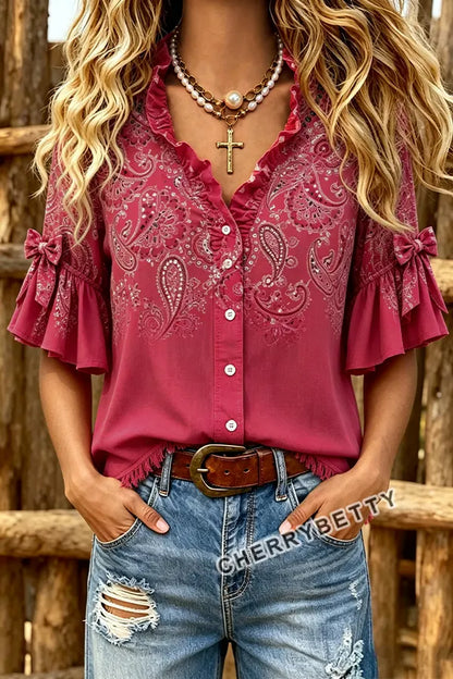 Gradient Paisley Print Bow Decor Half Sleeve Blouse