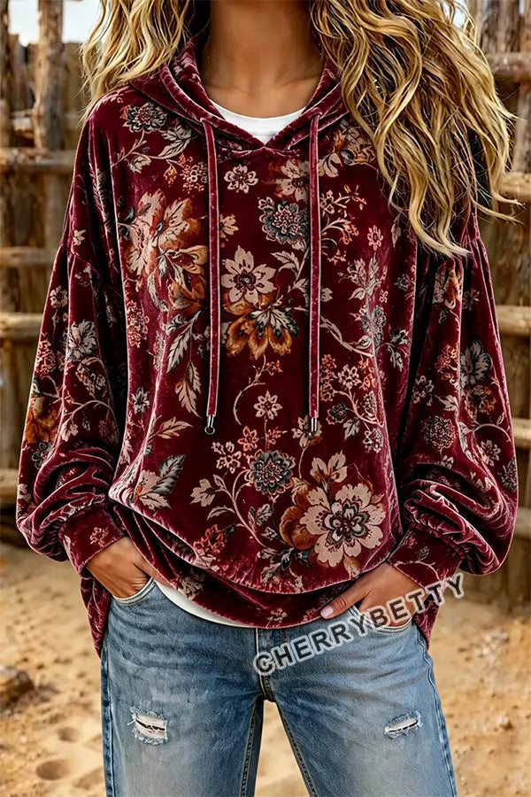 Retro Floral Print Long Sleeve Velvet Hoodie Top