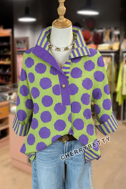 Colorful Polka Dot Print Striped Collar Blouse