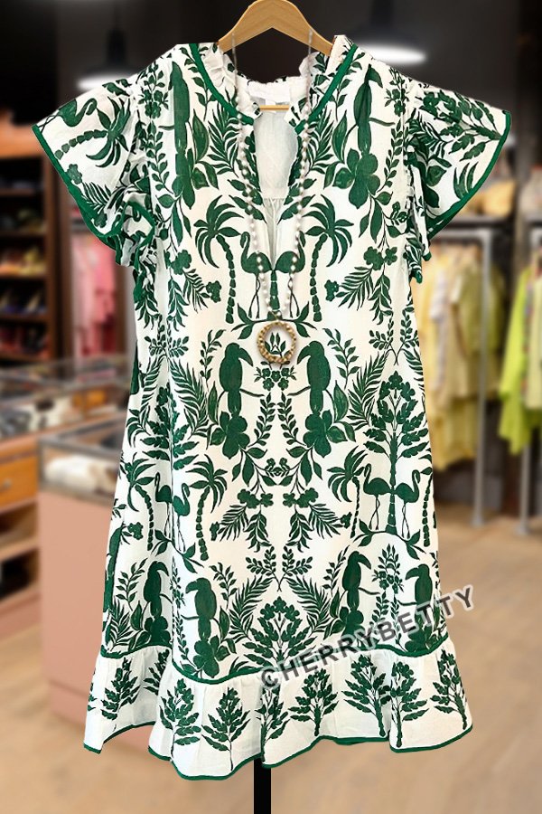 Tropical Print Flutter Sleeve Mini Dress