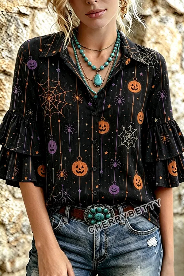 Western Halloween Pumpkin Spiderweb Tiered Ruffle Sleeve Button Down Blouse