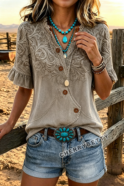 Vintage Floral Print V-Neck Ruffle Sleeve Blouse