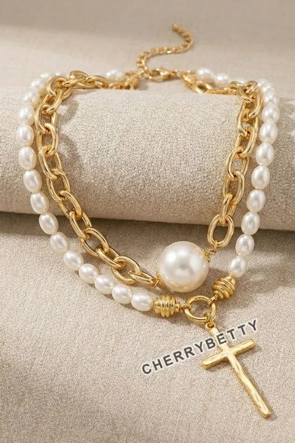 Chic Beaded Cross Pandent Layered Chain Necklace
