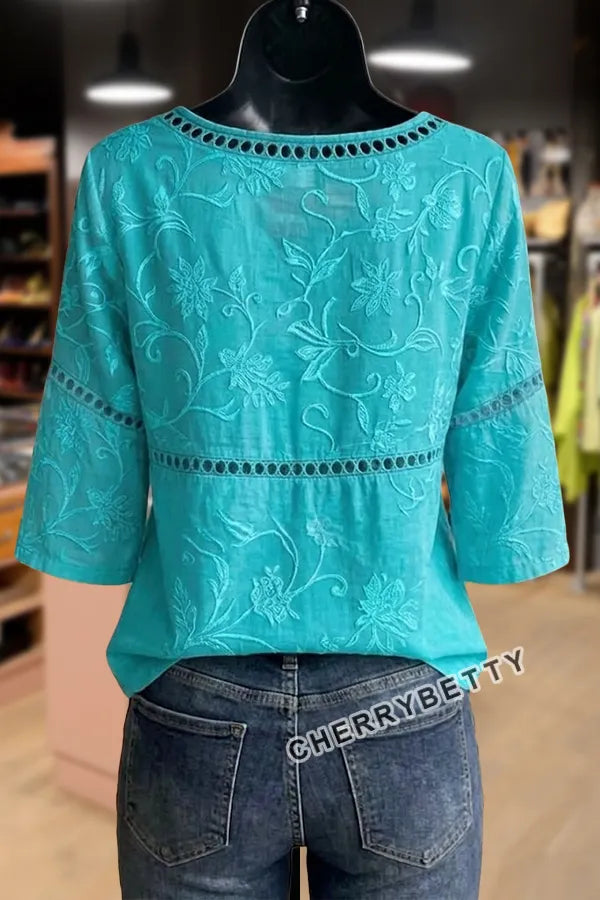 Flower Embroidered Hollow Out Cotton Top