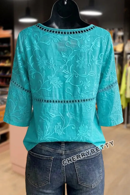 Flower Embroidered Hollow Out Cotton Top