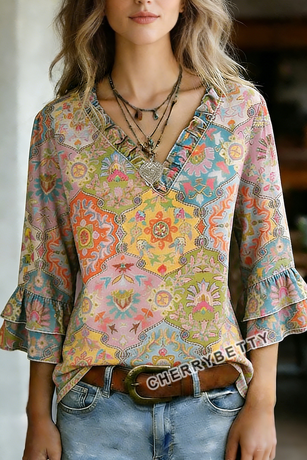 Retro Floral Print V-Neck Ruffle Sleeve Top
