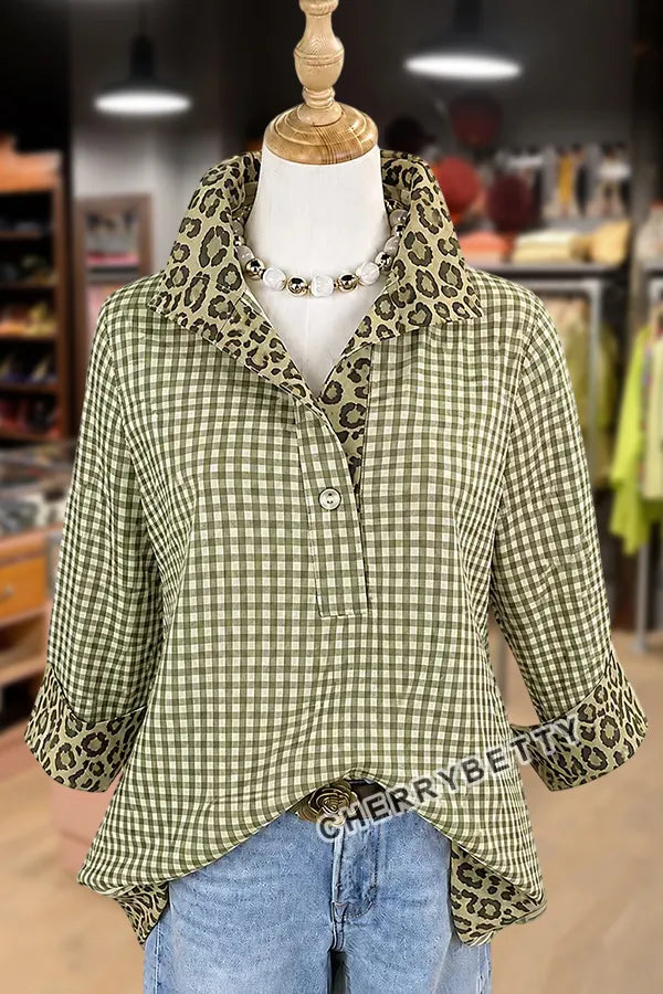 Classic Gingham Pattern Leopard  Collar Three Quater Sleeve Blouse