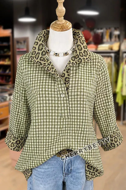 Classic Gingham Pattern Leopard  Collar Three Quater Sleeve Blouse
