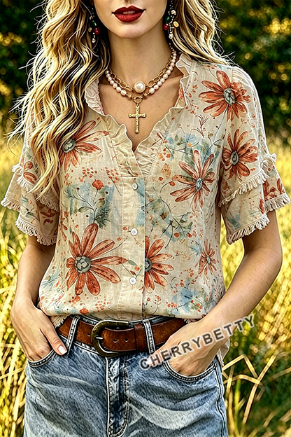 Vintage Floral Print Ruffle Neck Frayed Hem Top