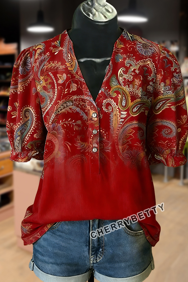 Gradient Retro Floral Print V-Neck Top