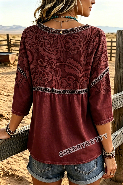 Retro Floral Print Hollow Out Top