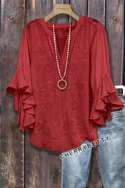 Solid Flower Embroidered V-Neck Ruffle Sleeve Cotton Blouse