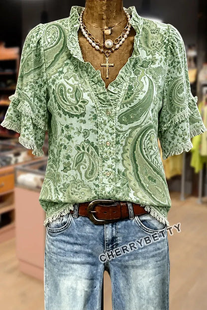 Retro Paisley Print Ruffle Neck Frayed Hem Top