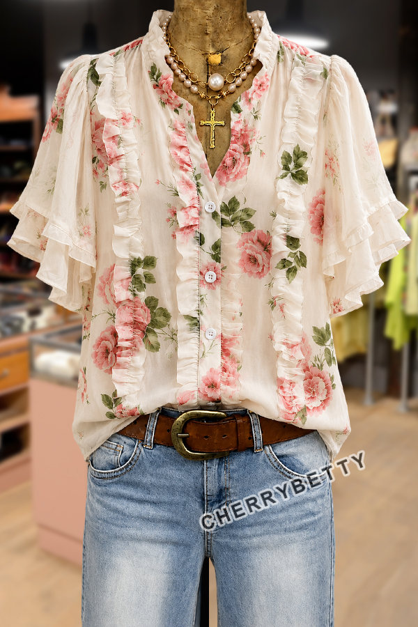 Feminine Floral Print Ruffle Trim Chiffon Blouse