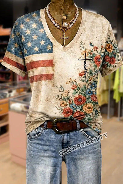 Retro Flower Print V-Neck Independence Day T-Shirt