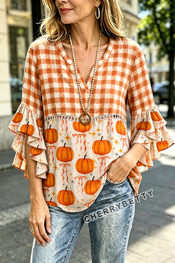 Vintage Plaid Pumpkin Print Hollow Out Ruffle Sleeve Top