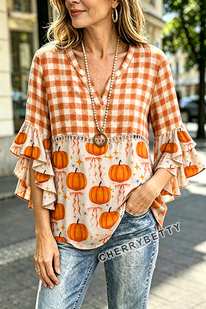 Vintage Plaid Pumpkin Print Hollow Out Ruffle Sleeve Top